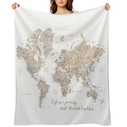 Life Is A Jouney Best Travelled Together, World Map, Abey Throw Blanket