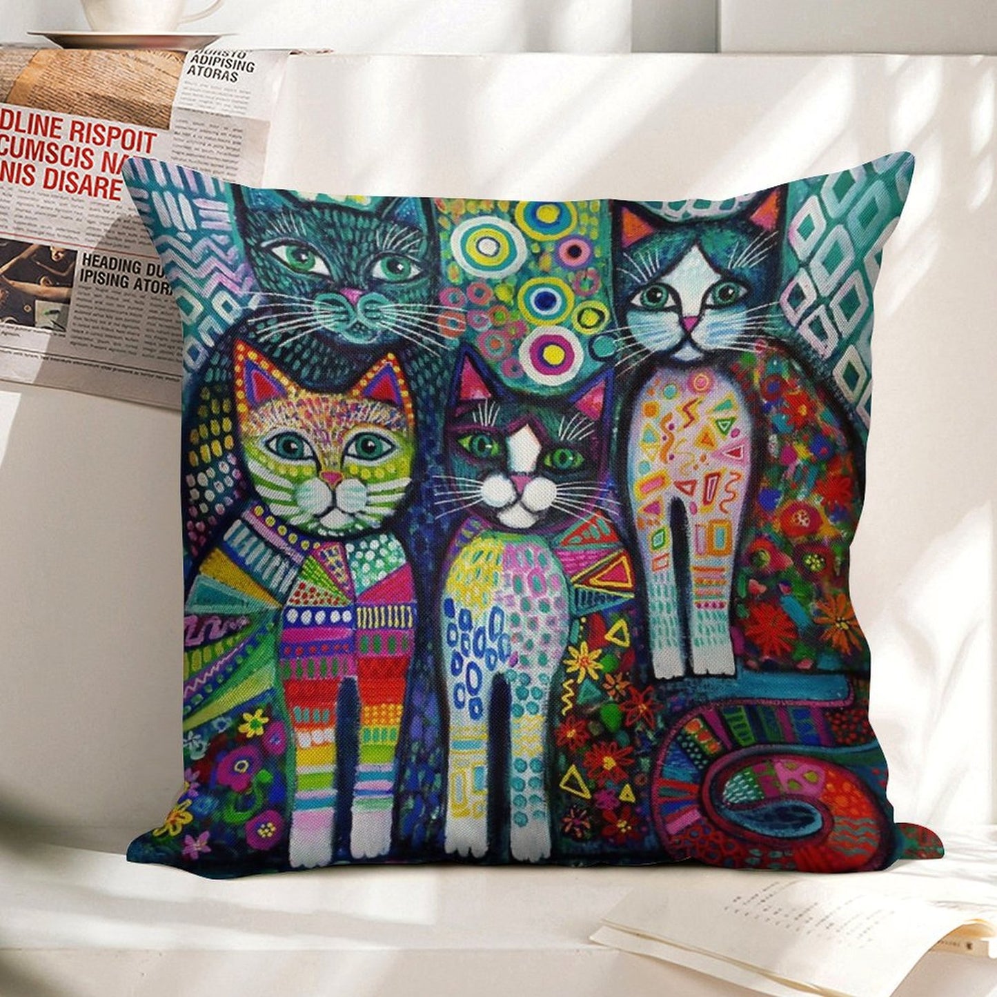 Quirky Cats Linen Throw Pillow Cover