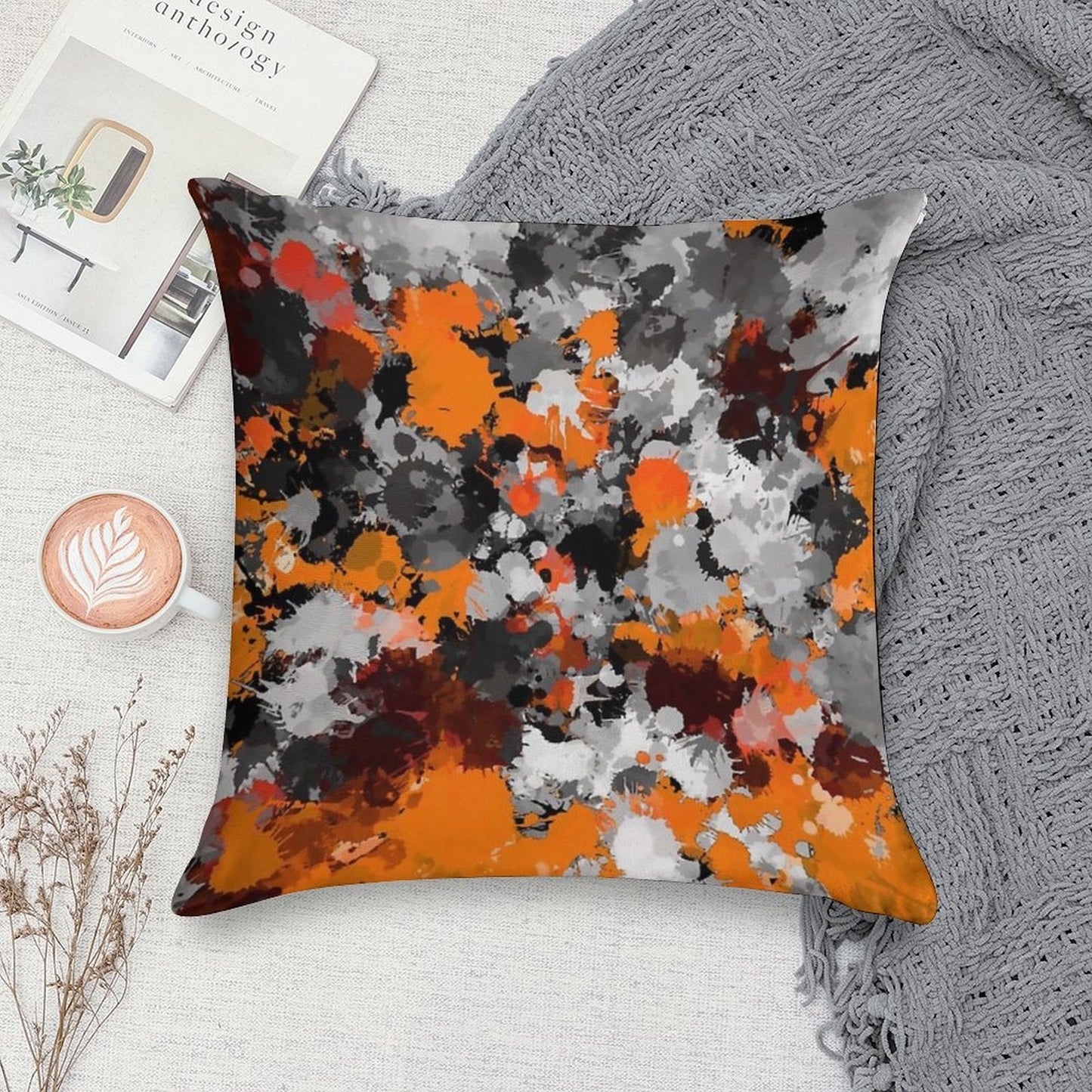 Orange And Grey Paint Splatter Soft Style Accent Throw Pillow