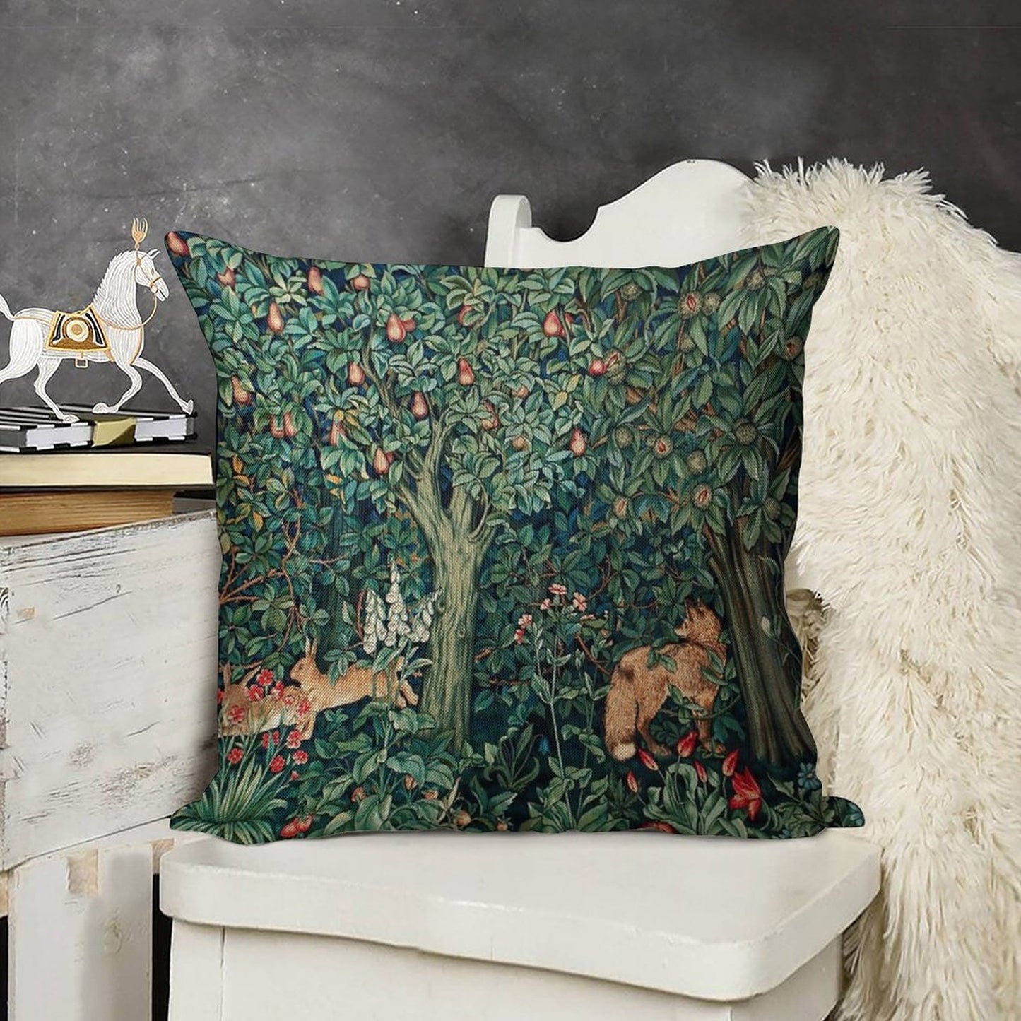 GREENERY, FOREST ANIMALS Fox And Hares Blue Green Floral Tapestry Linen Throw Pillow Cover