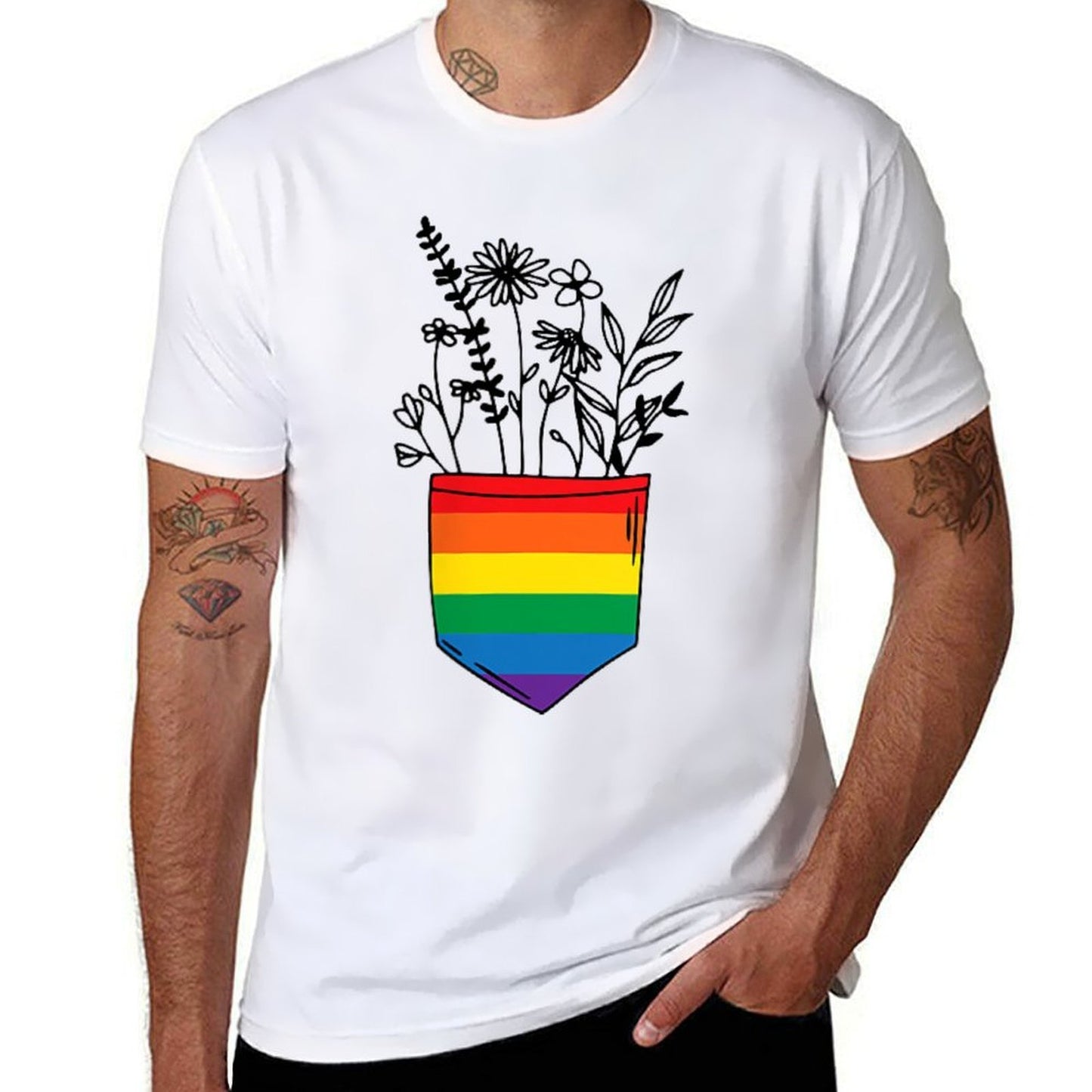 Pocket Flowers Rainbow LGBTQ Pride Month Gay Lesbian  Oversized Silhouette T-Shirt