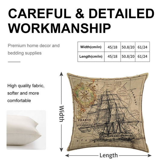 Dark Academia Vintage Pirate Ship Sailor Antique World Map Linen Throw Pillow Cover