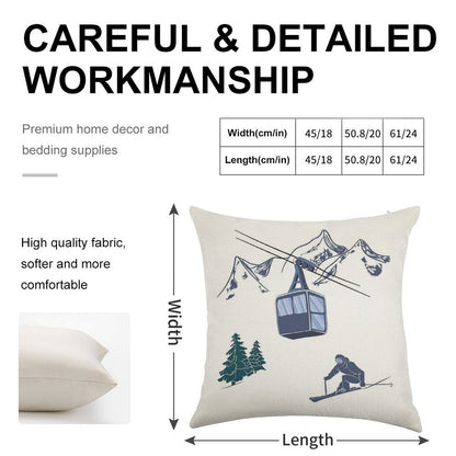 Ski Lift Resort Winter Sports Scene Linen Throw Pillow Cover