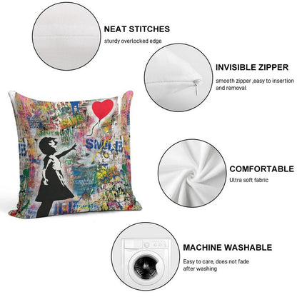 Balloon Girl Street Art Mashup Soft Anti-Pilling Throw Pillow