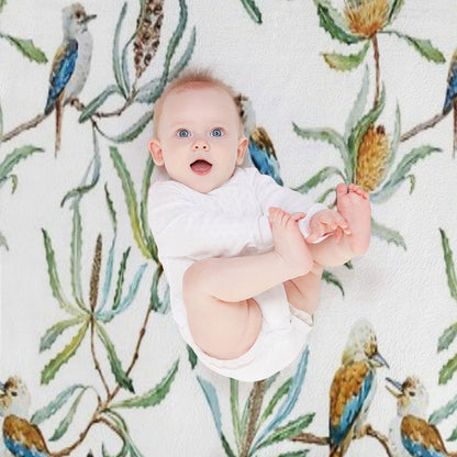 Australian Kookaburras, Waratah Flowers,  Leaves Pattern Throw Blanket