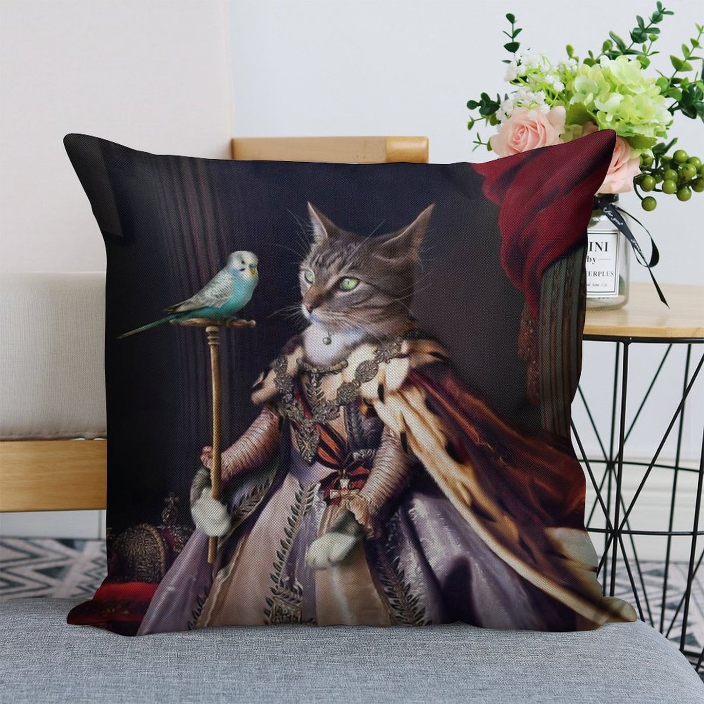 Cat And Budgie Portrait -  Big Cat And Cyril Linen Throw Pillow Cover
