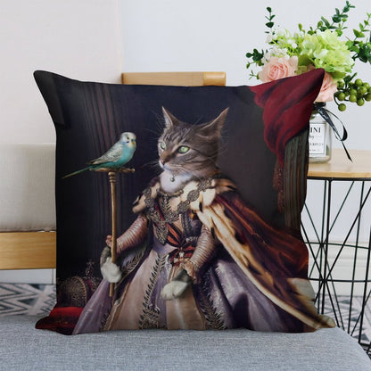 Cat And Budgie Portrait -  Big Cat And Cyril Linen Throw Pillow Cover