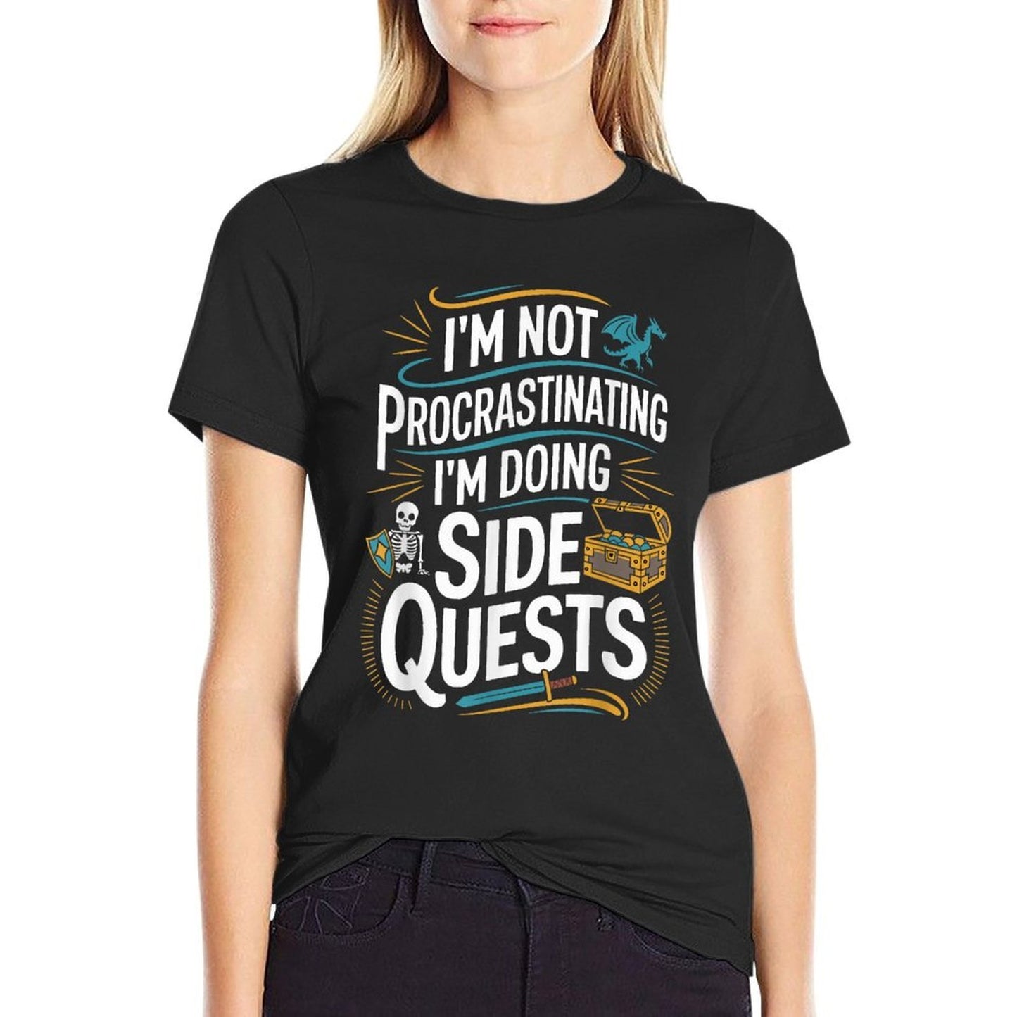 RPG Gamer Apparel for Quest Lovers Unisex-Adult Black Modern Classic Small Crew Neck Humorous Gaming Graphic Lightweight  Trendy Pattern T-Shirt