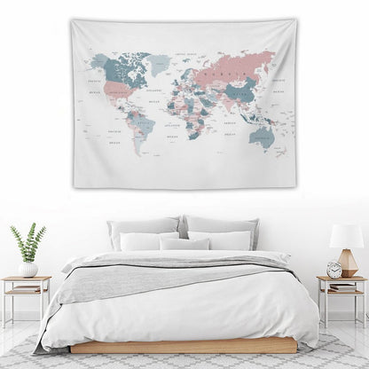 Map of The World in Pink And Blue Tapestry