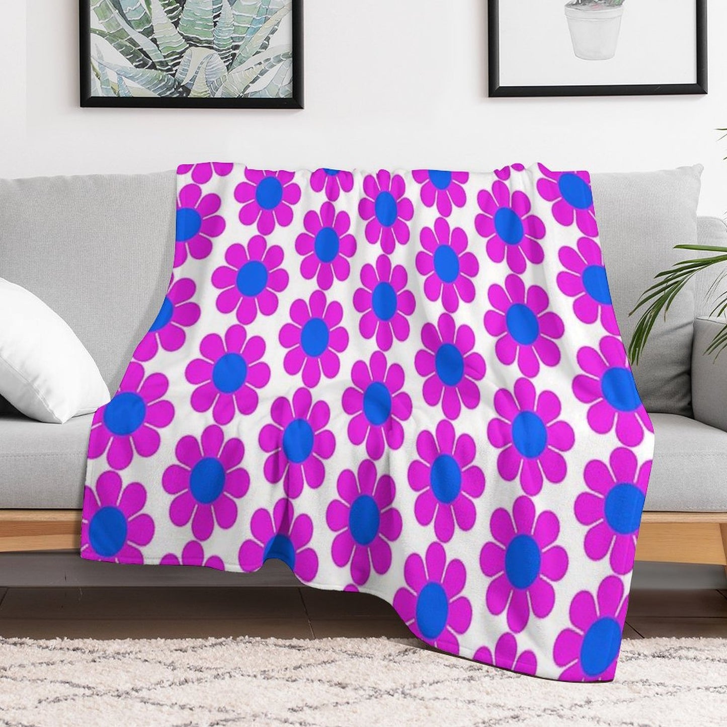 Pink Blue Hippie Flower Power Daisy Throw Blanket