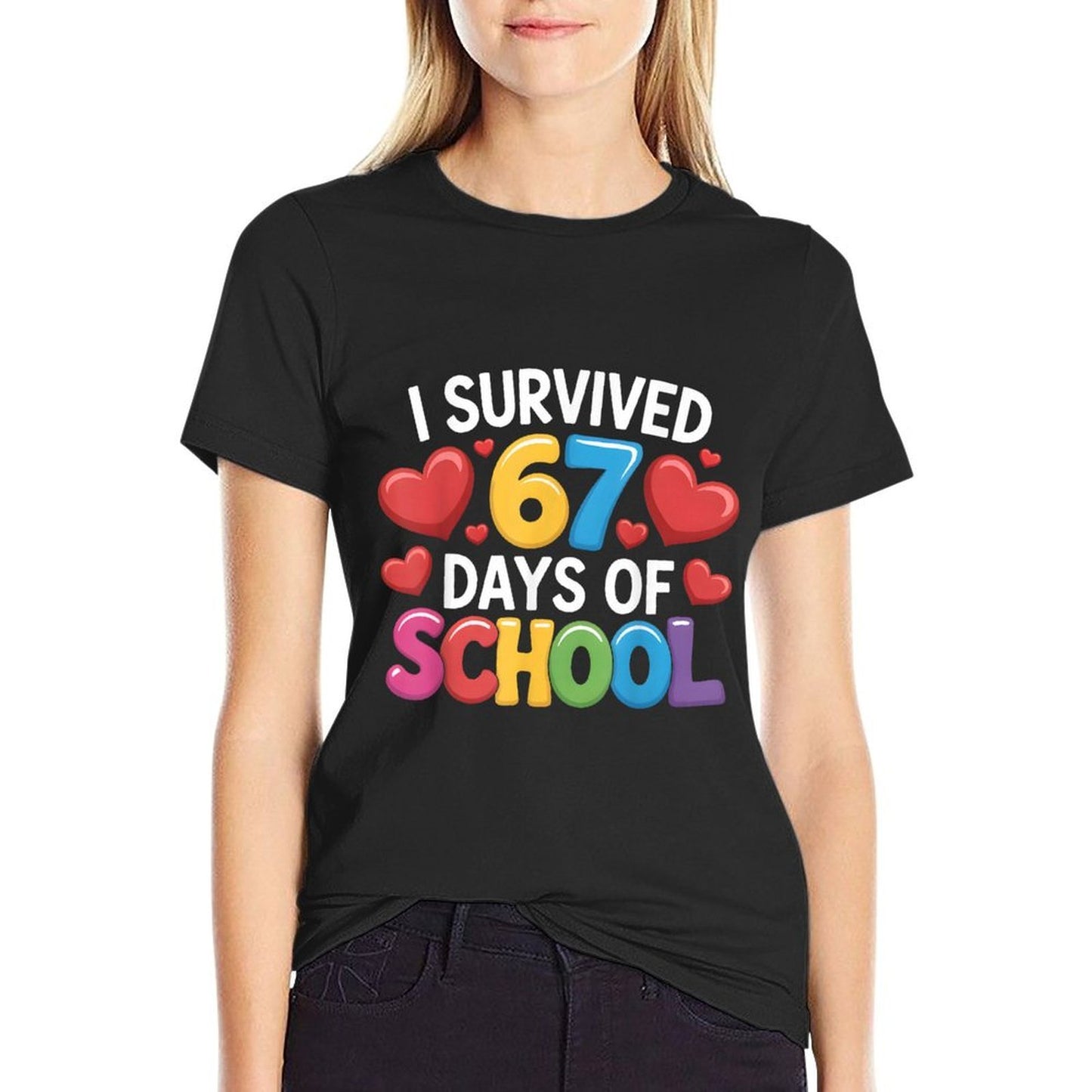 I Survived 67 Days of School Funny 67 Meme Teachers Students  Ribbed Collar T-Shirt
