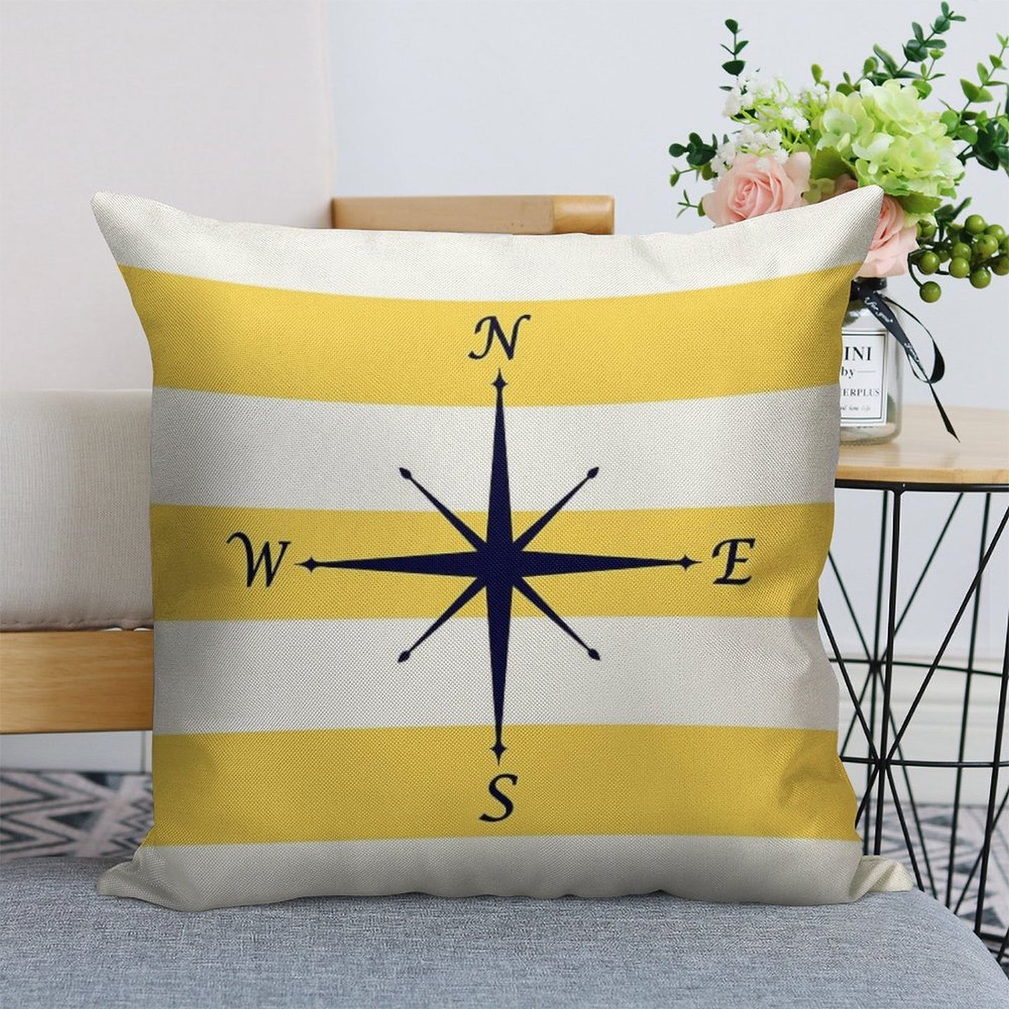 Navy Blue Compass On Mustard Yellow And White Stripes Linen Throw Pillow Cover