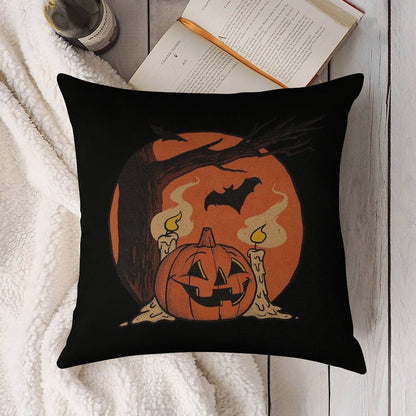 Vintage Pumpkin Scene Halloween Linen Throw Pillow Cover