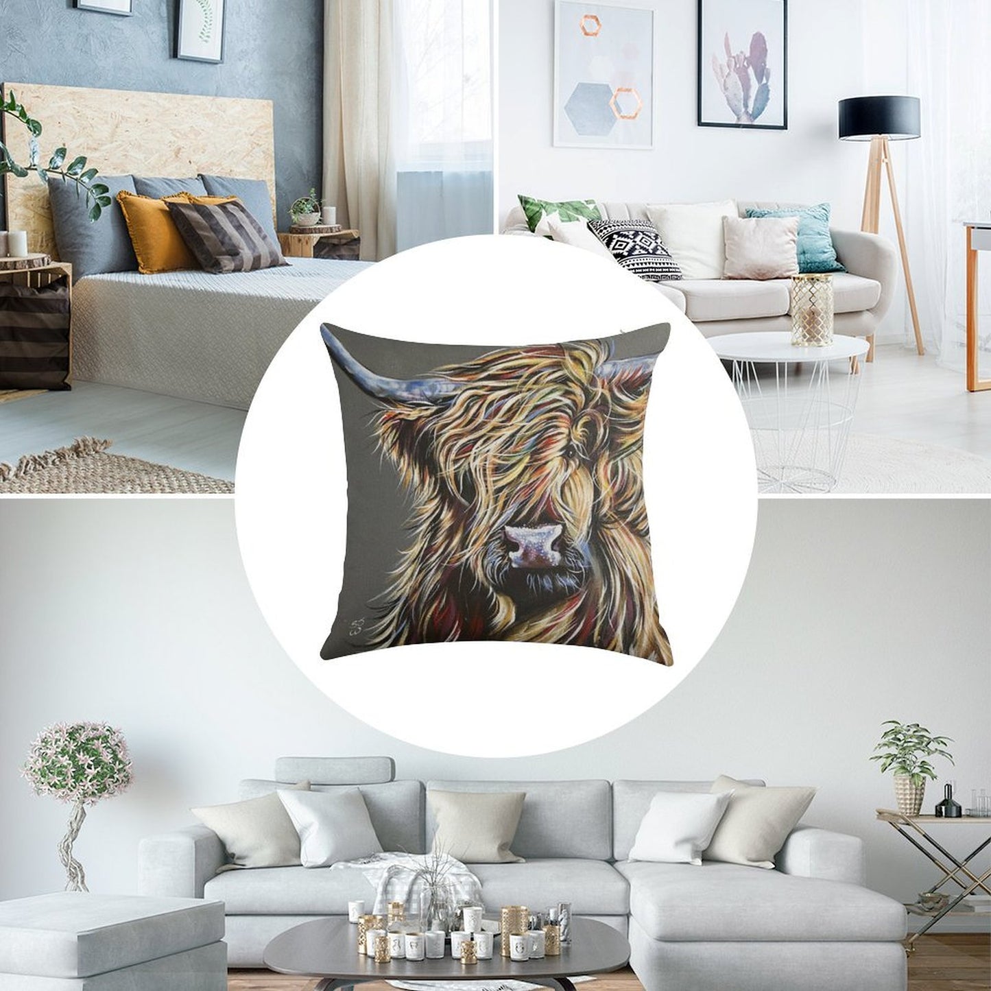 Beau The Colourful Highland Cow Linen Throw Pillow Cover