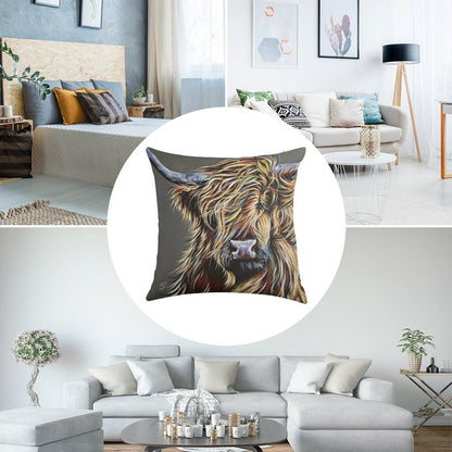Beau The Colourful Highland Cow Linen Throw Pillow Cover