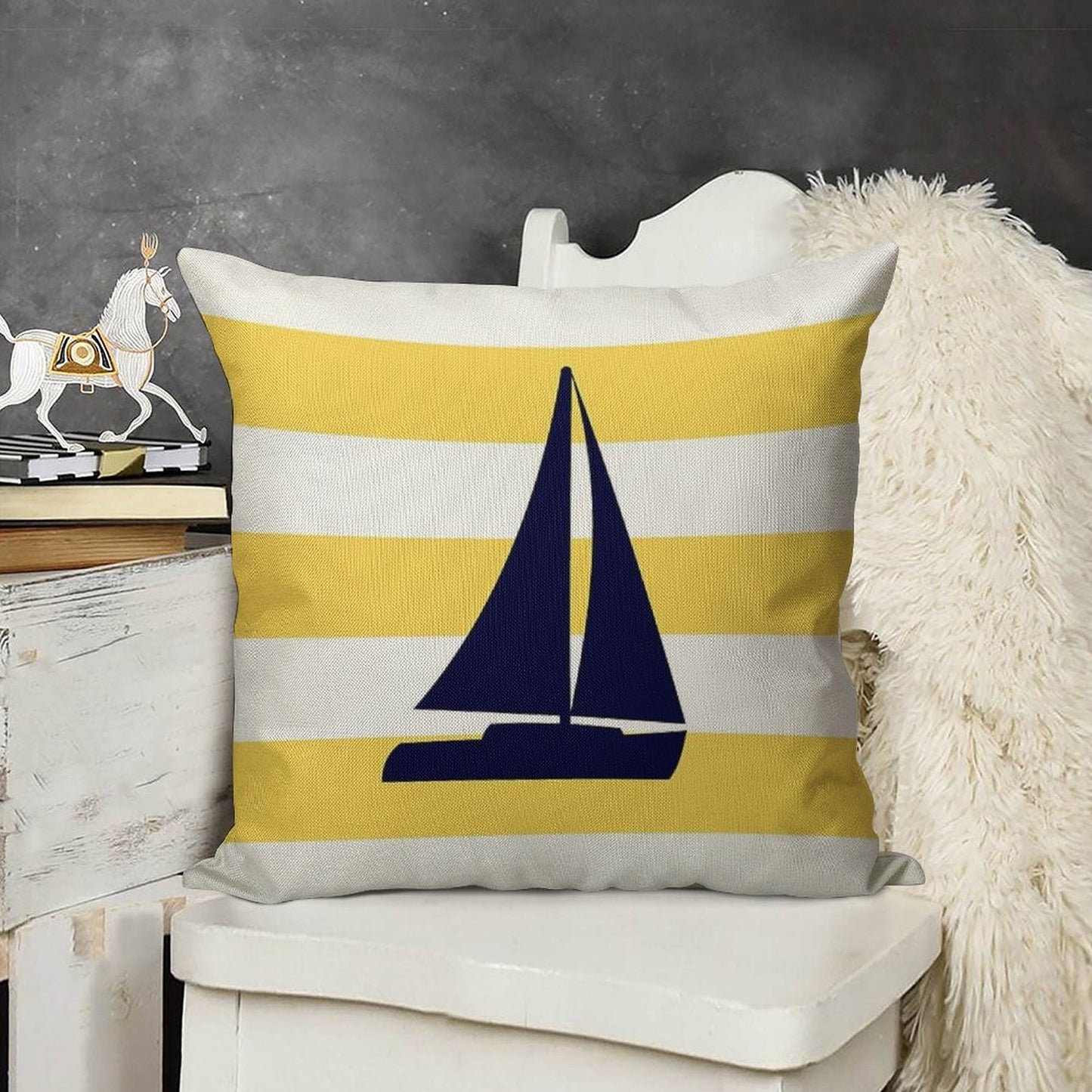 Nautical Navy Blue Sailboat On Mustard Yellow Stripes Linen Throw Pillow Cover