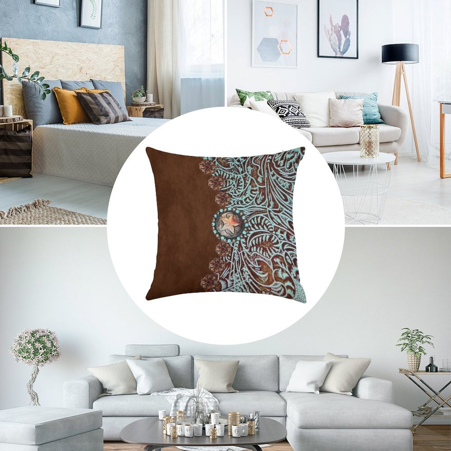 Primitive Cowboy Cowgirl Western Country Brown Turquoise Linen Throw Pillow Cover