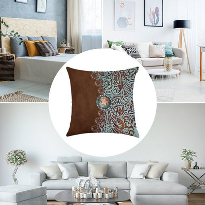 Primitive Cowboy Cowgirl Western Country Brown Turquoise Linen Throw Pillow Cover