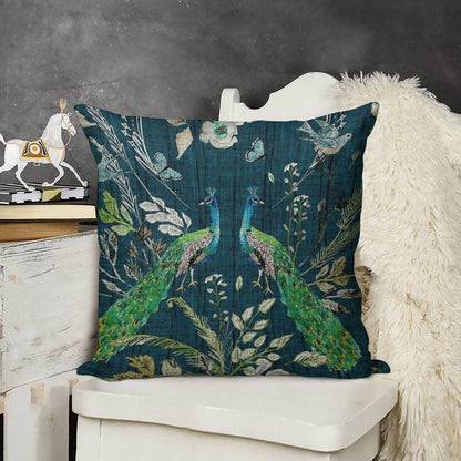 Peacock Chinoiserie (teal) Linen Throw Pillow Cover
