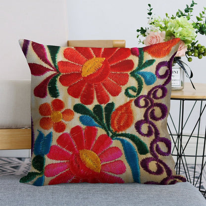 Mexico's Flowers Linen Throw Pillow Cover