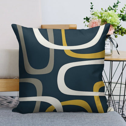Midcentury Modern Loops Retro Pattern in Light Mustard, Grey, White, And Navy Blue Linen Throw Pillow Cover