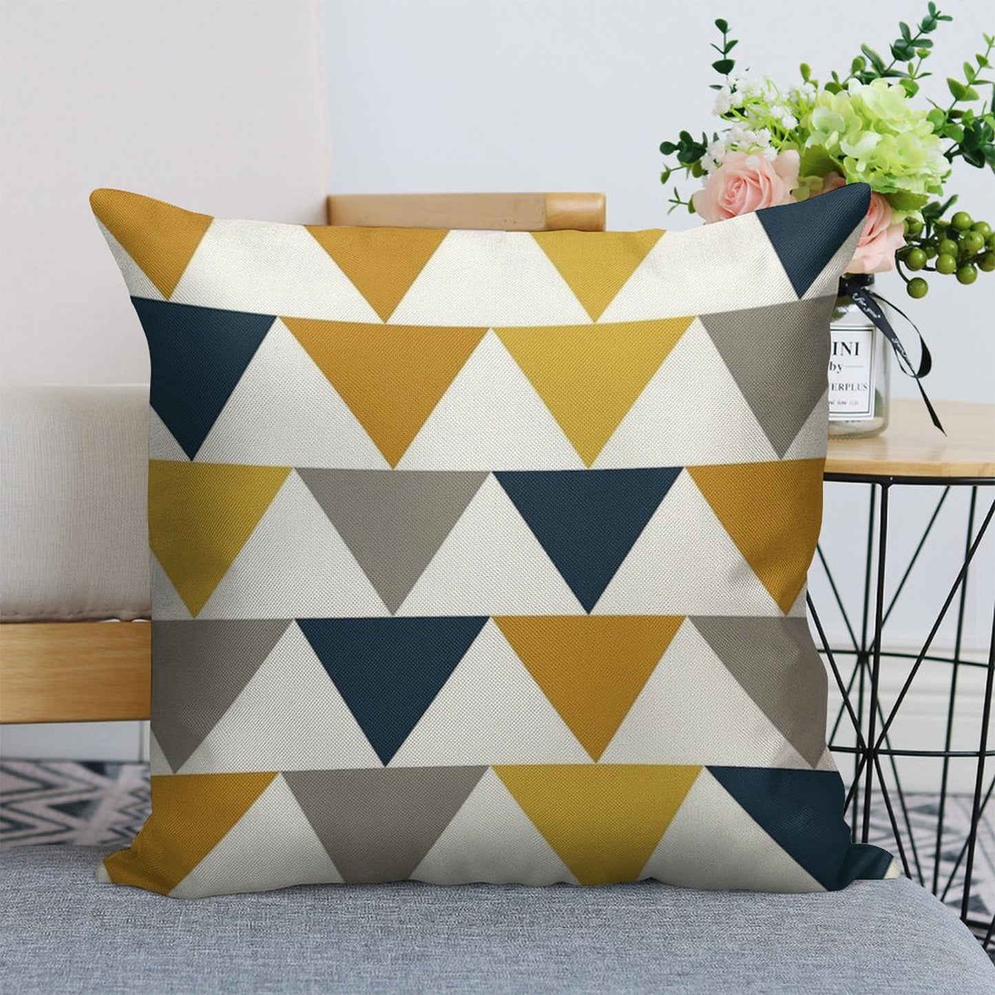 Arrows Light Mustard Yellow, Dark Mustard Yellow, Dark Blue, Grey, And White Geometric Pattern Linen Throw Pillow Cover