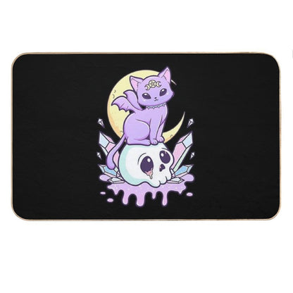 Kawaii Pastel Goth Cute Creepy Occult Cat And Skull Bath Mat