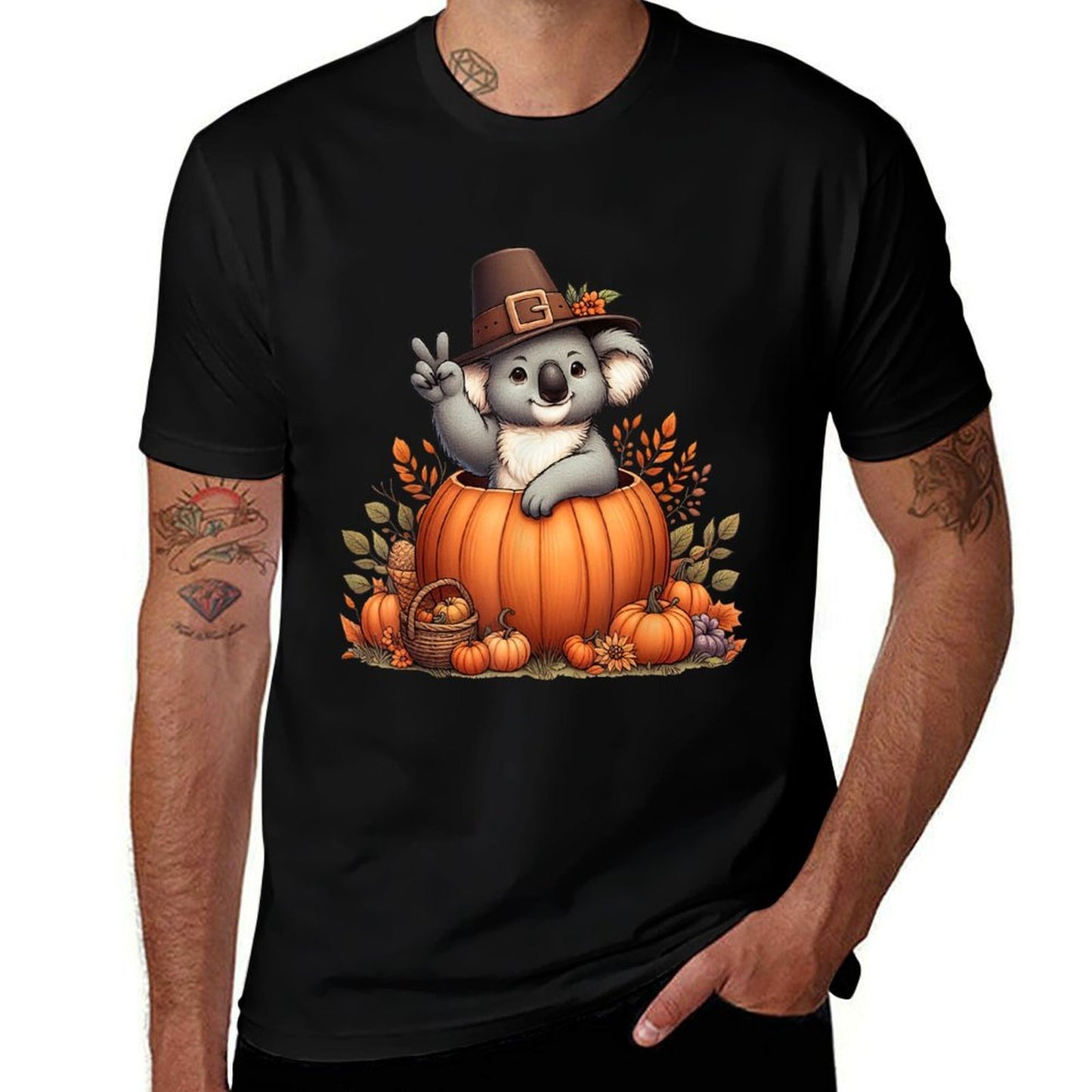 Autumn Pumpkin Fall Koala Thanksgiving Womens Mens Kids  Fade-proof Color T-Shirt