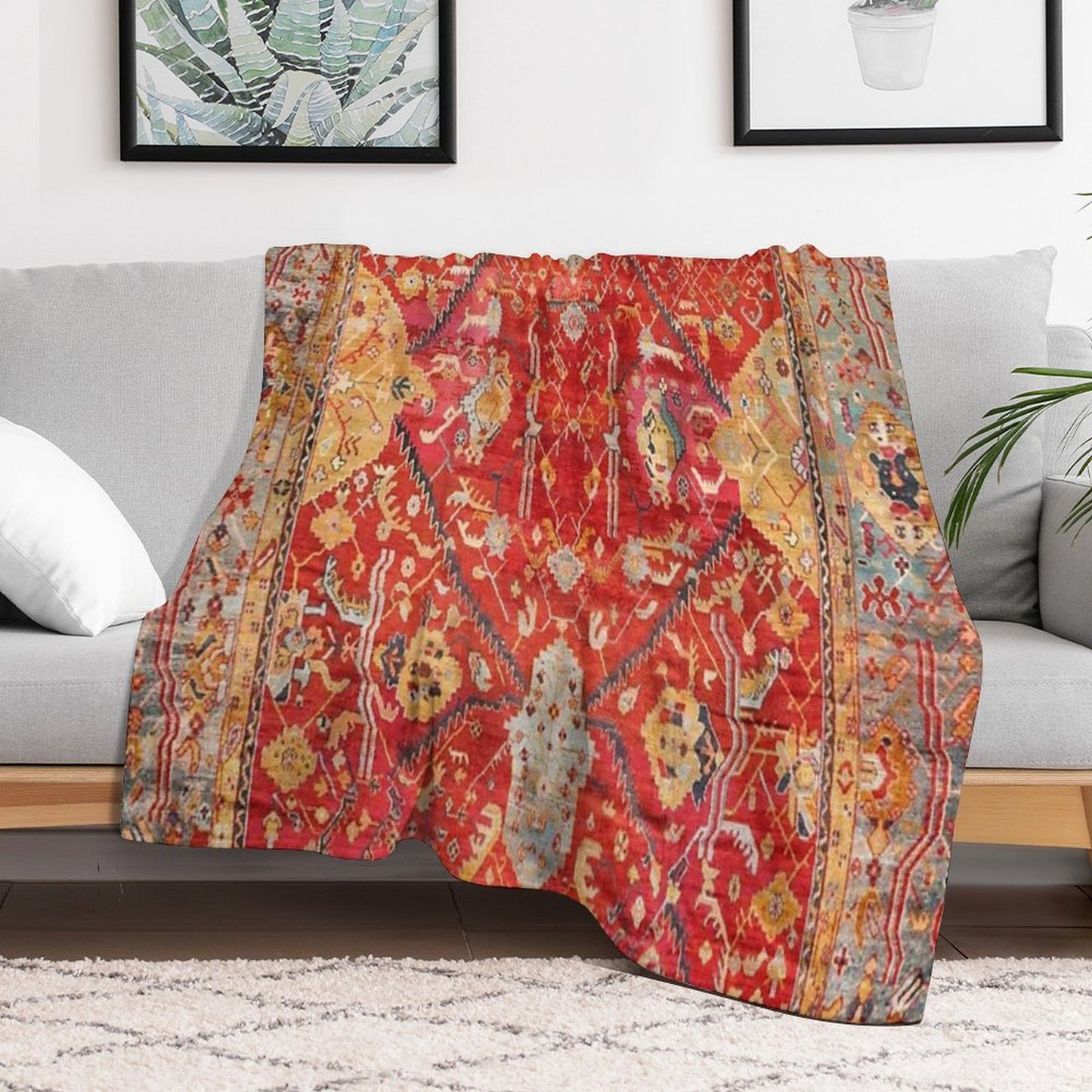 Antique Turkish Oushak Rug Print Throw Blanket