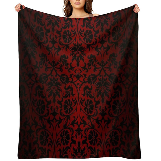 Dark Red And Black Damask Pattern Throw Blanket