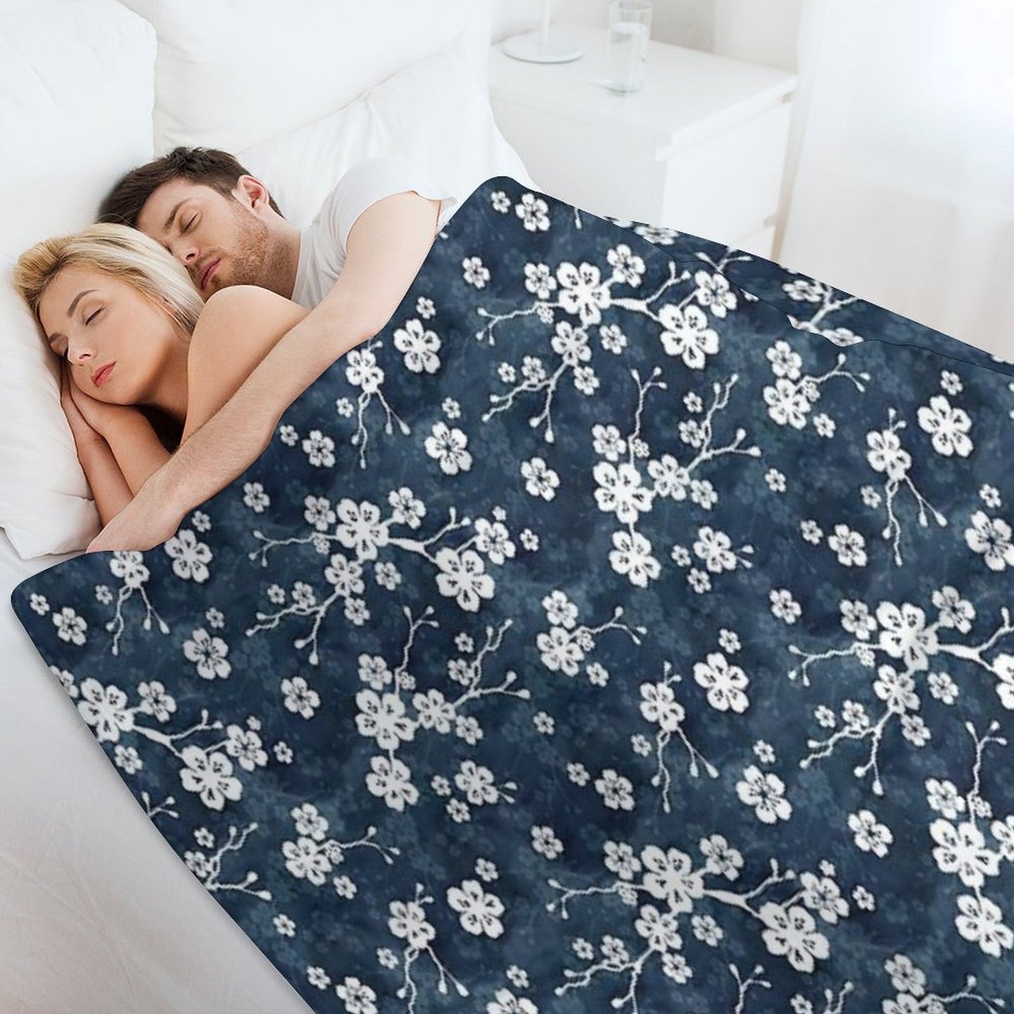Navy And White Cherry Blossom Pattern Throw Blanket