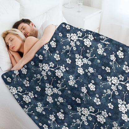 Navy And White Cherry Blossom Pattern Throw Blanket