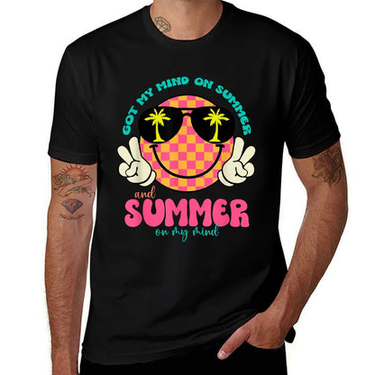 Groovy Happy Face Summer Vibes Got My Mind On Summer Teacher  Polyester Blend T-Shirt