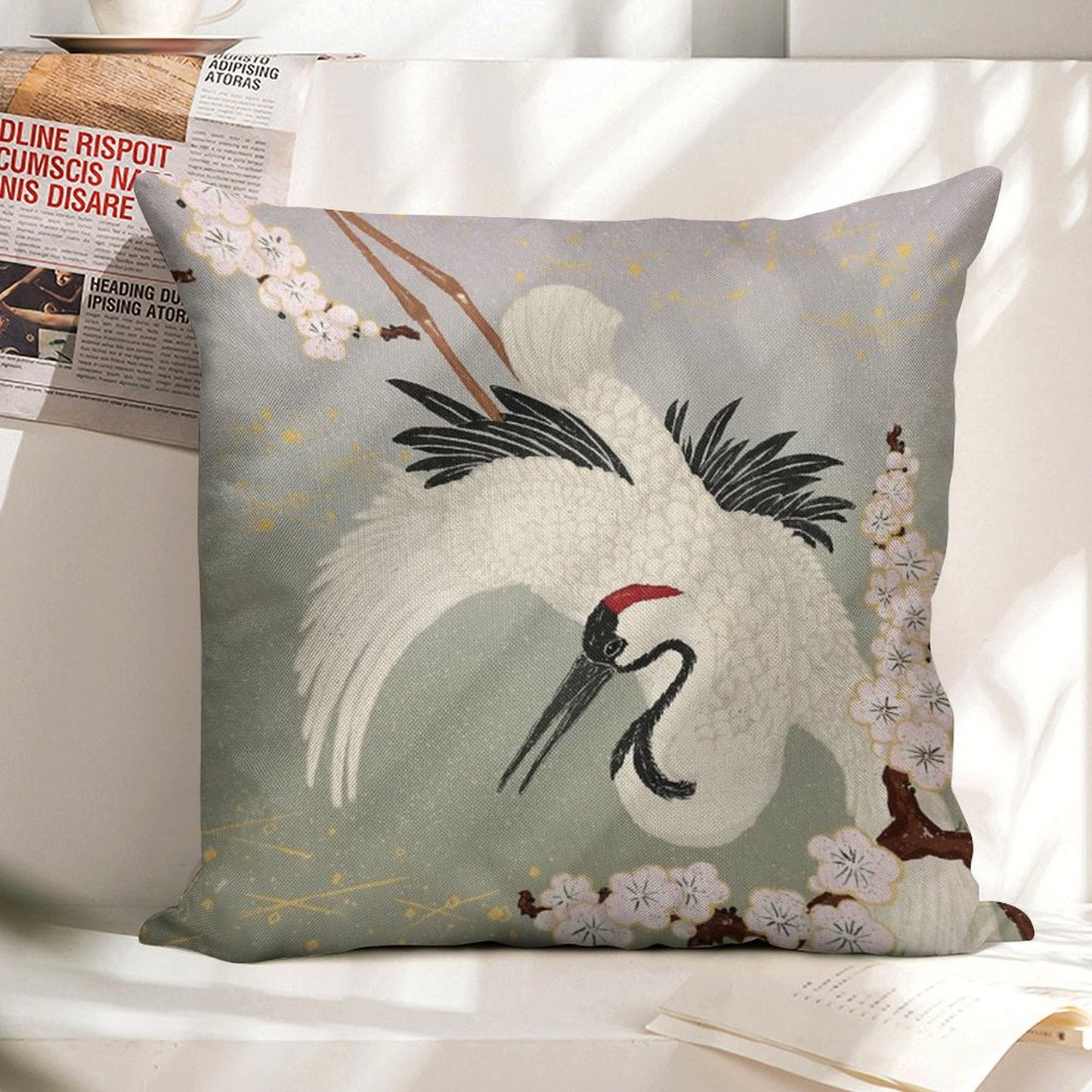 Japanese Crane Linen Throw Pillow Cover