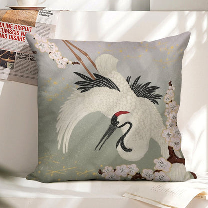 Japanese Crane Linen Throw Pillow Cover