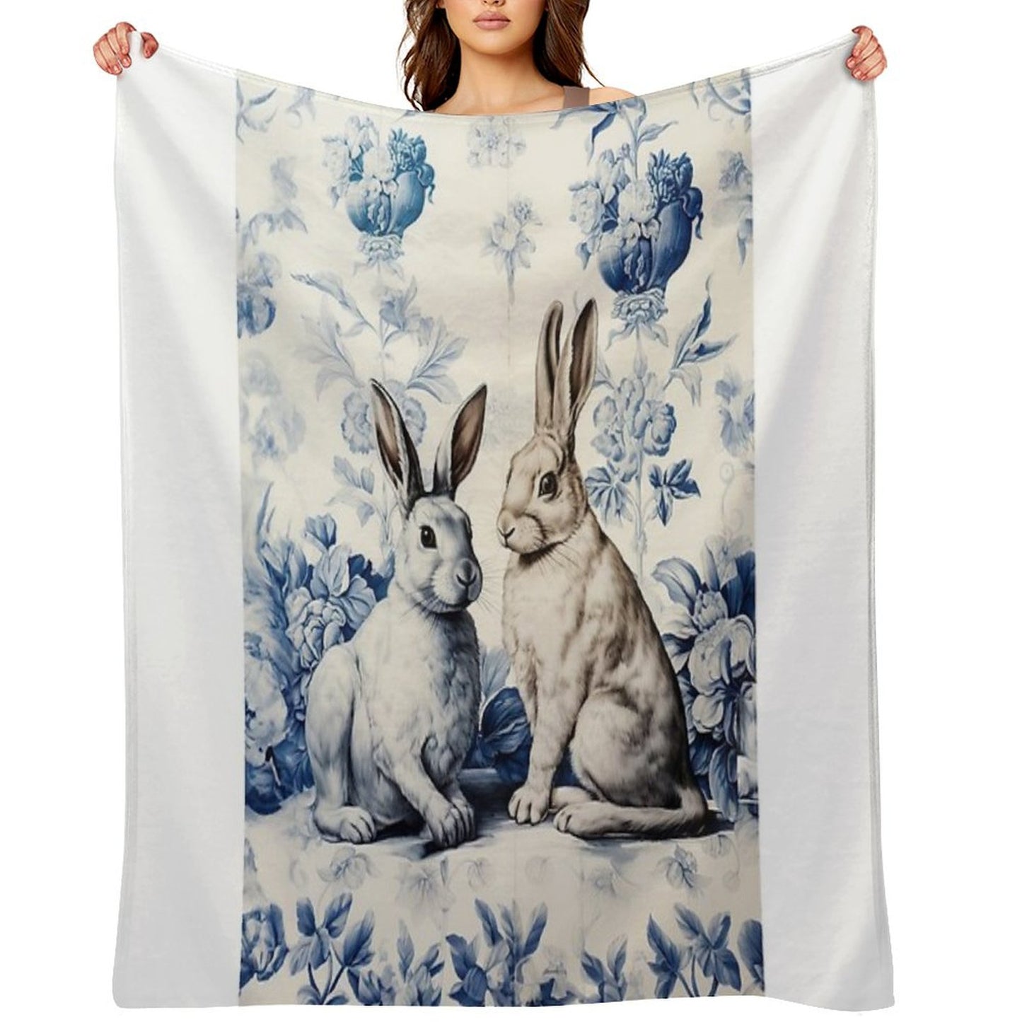 Toile De Jouy Blue Two Rabbits  Delft Blue  Floral And Animal Throw Blanket