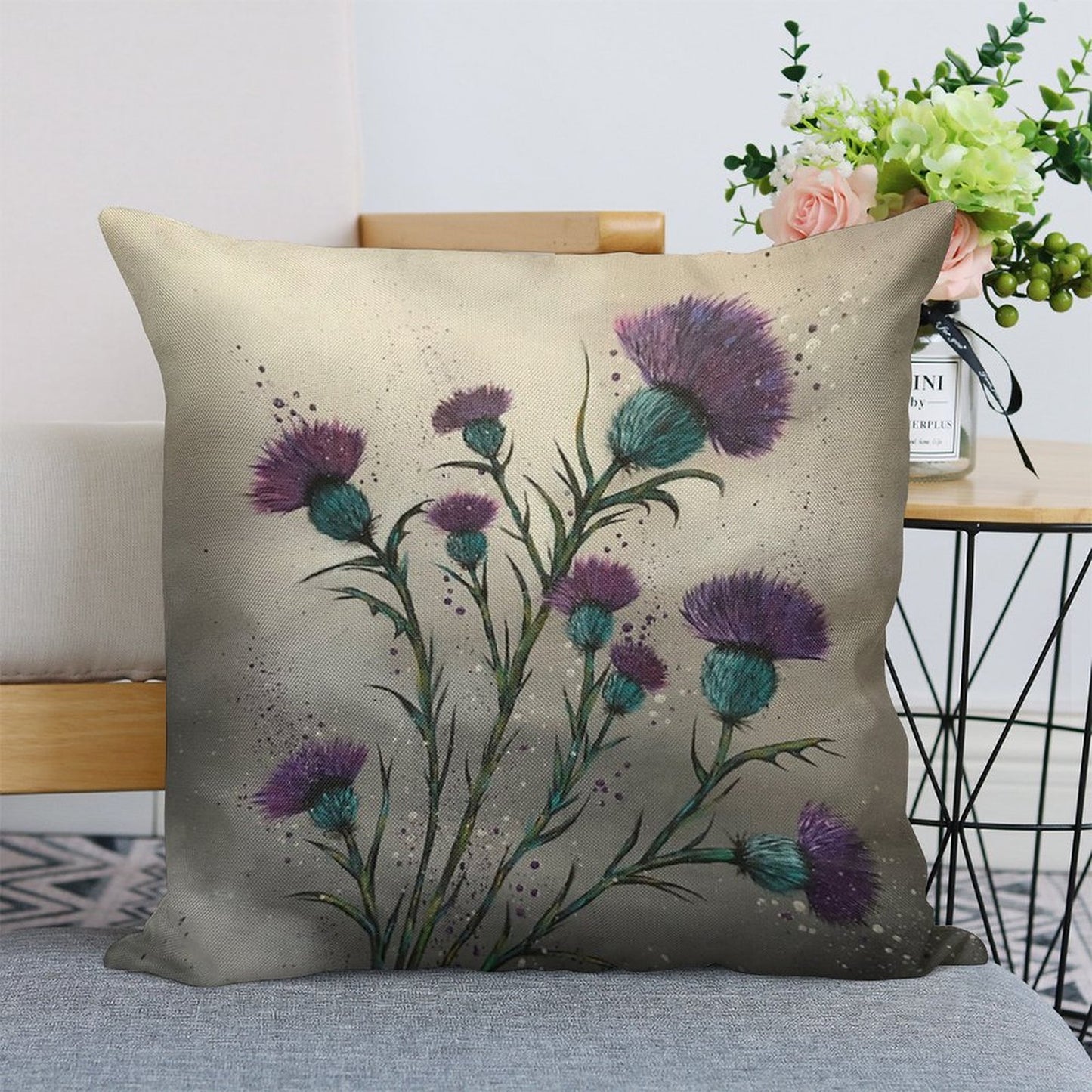 Scottish Traditional Purple Thistle Linen Throw Pillow Cover