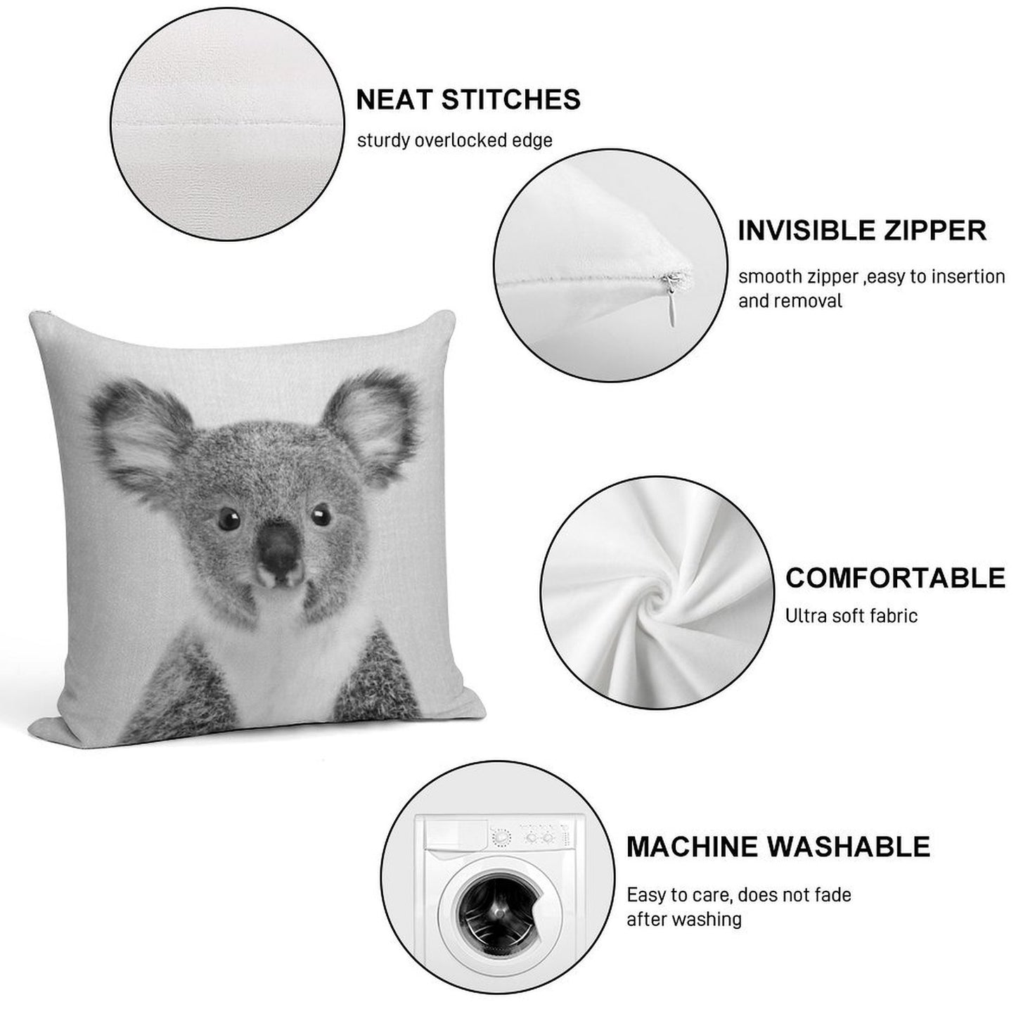 Baby Koala - Black & White Soft Gift Ready Throw Pillow