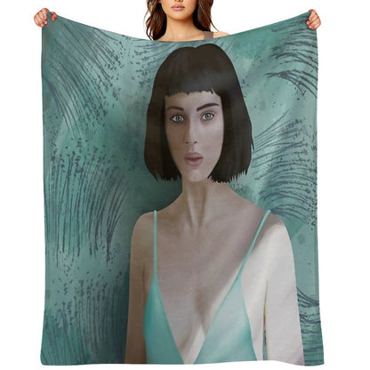 Woman Portrait in Teal Dress – Modern Digital Art Throw Blanket