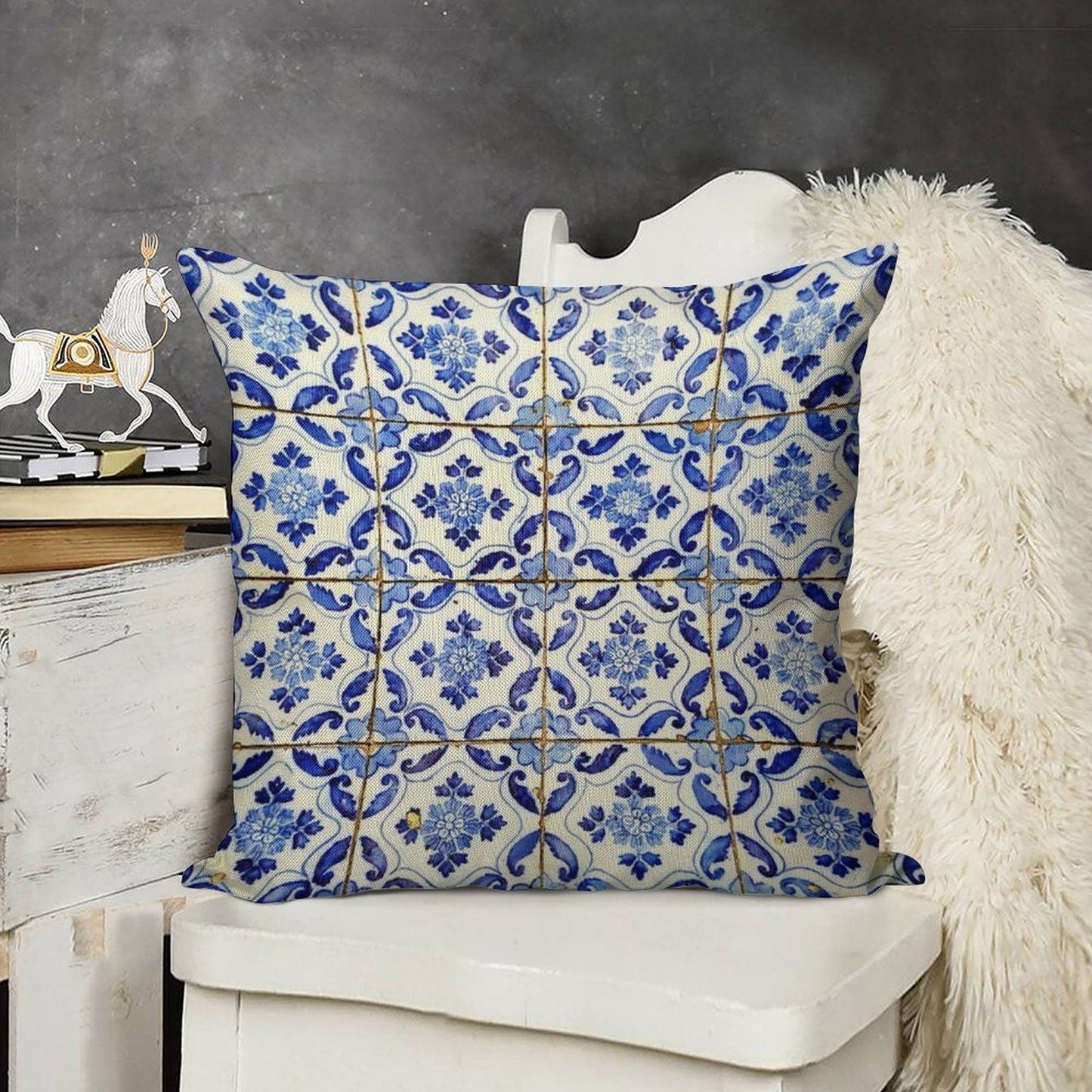 Portuguese Tiles. Blue Flowers And Leaves Linen Throw Pillow Cover
