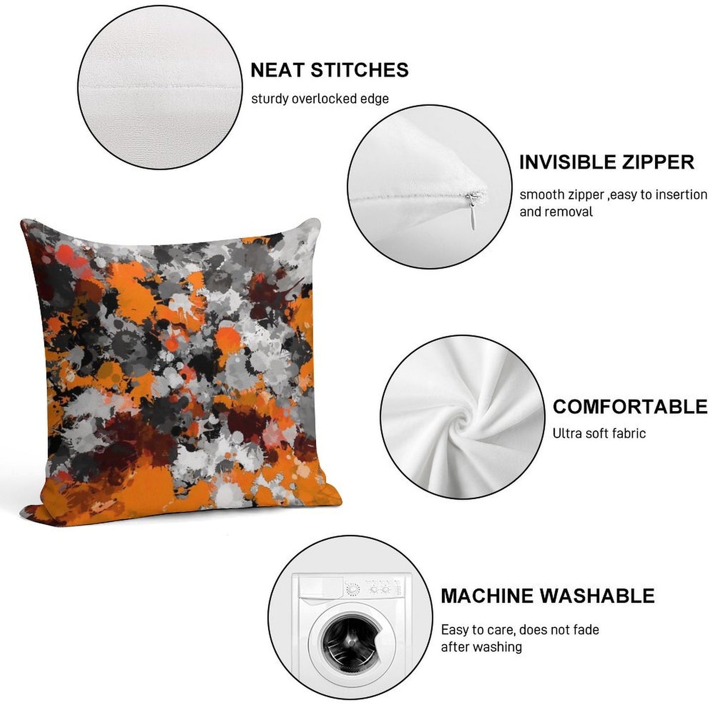 Orange And Grey Paint Splatter Soft Style Accent Throw Pillow
