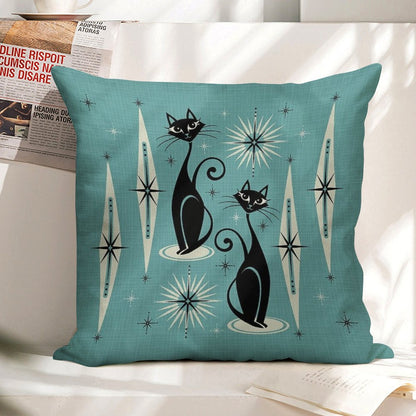 Mid Century Meow on Blue - Large Scale Linen Throw Pillow Cover