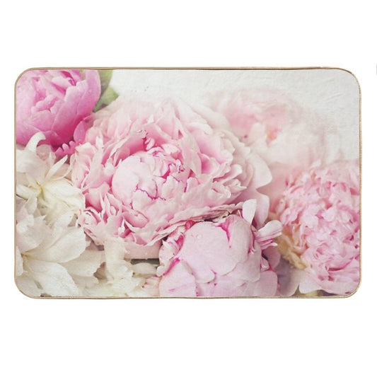 Peonies on White Bath Mat