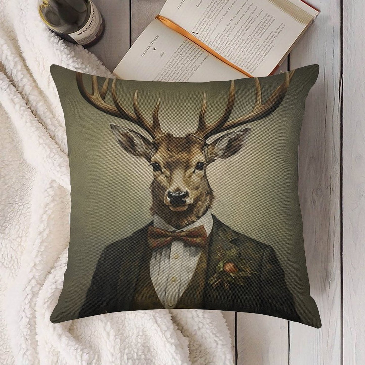 Dapper Deer Portrait Art Linen Throw Pillow Cover