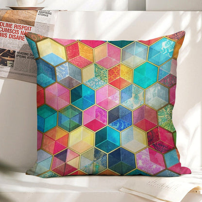 Crystal Bohemian Honeycomb Cubes - Colorful Hexagon Pattern Linen Throw Pillow Cover