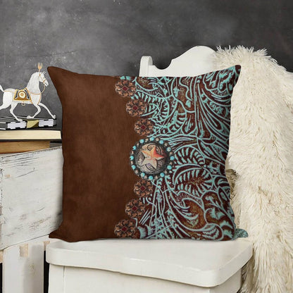 Primitive Cowboy Cowgirl Western Country Brown Turquoise Linen Throw Pillow Cover