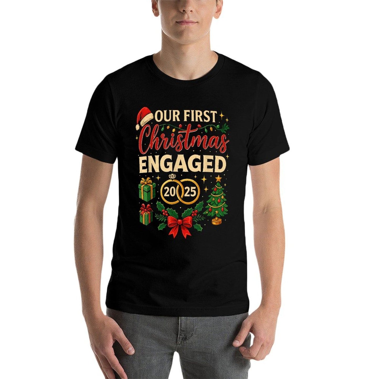 Our First Christmas As Engaged 2025, Matching Xmas  Wrinkle-resistant T-Shirt