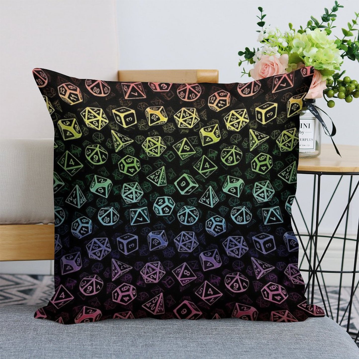 D20 Dice Set Pattern (Rainbow) Linen Throw Pillow Cover