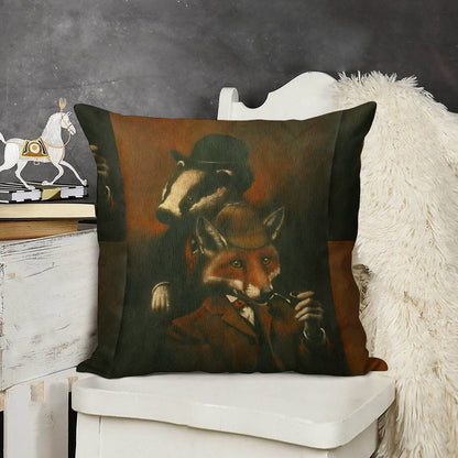Fox And Badger Holmes And Watson Linen Throw Pillow Cover