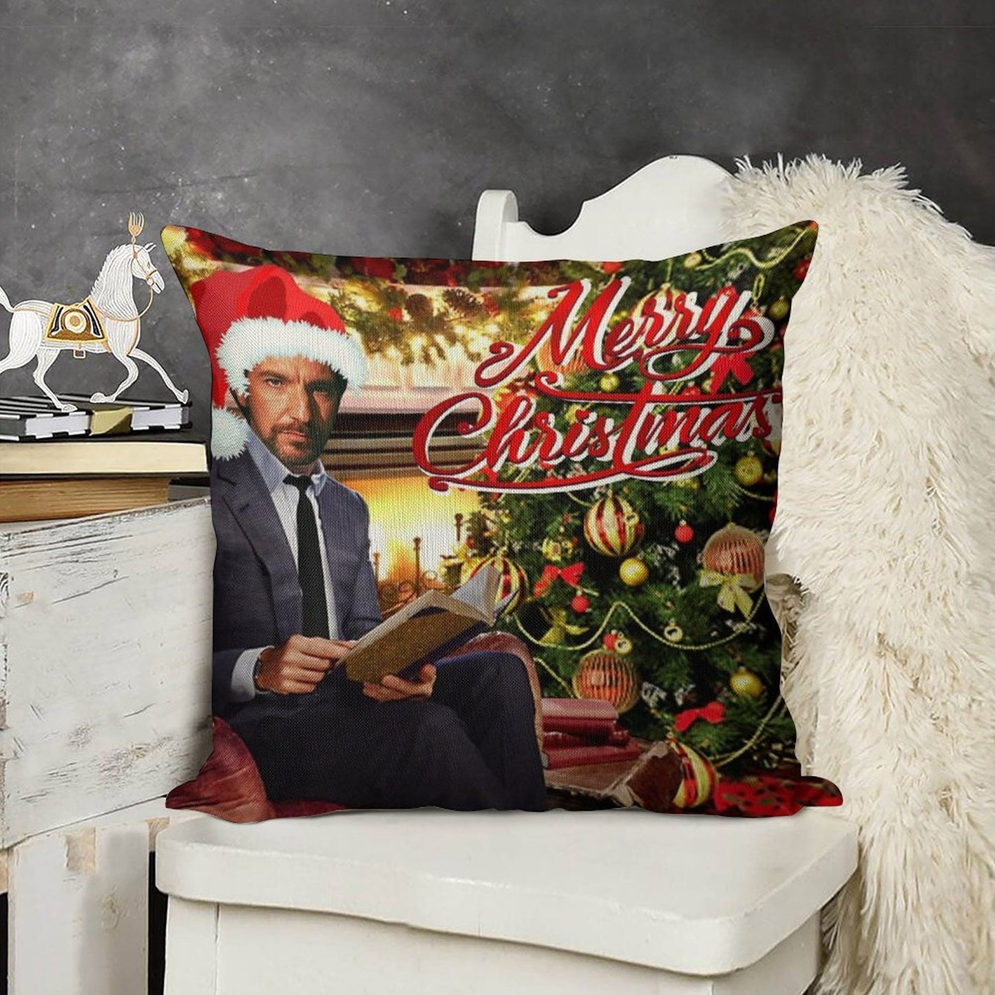 Die Hard Hans Gruber Merry Christmas Linen Throw Pillow Cover